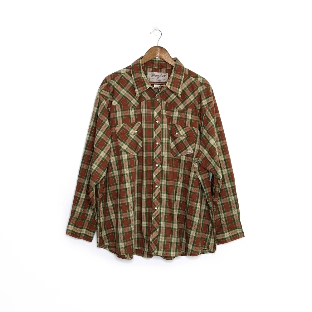Wrangler Wrancher Red, Green and Cream Long Sleeve Button Down Plaid Shirt